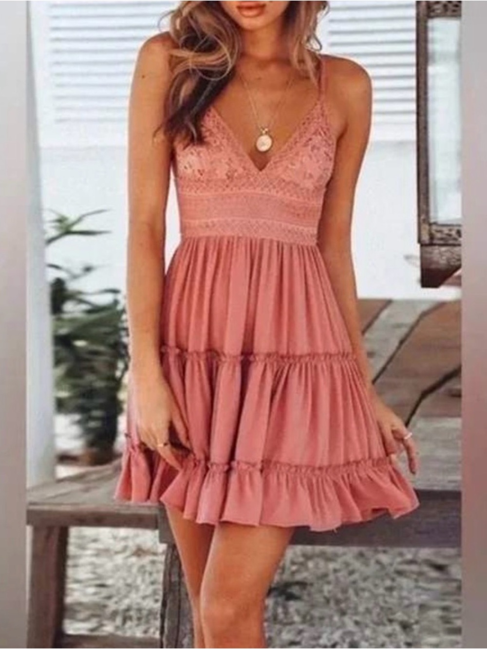 Rust Pink Crochet Bodice Mini Dress